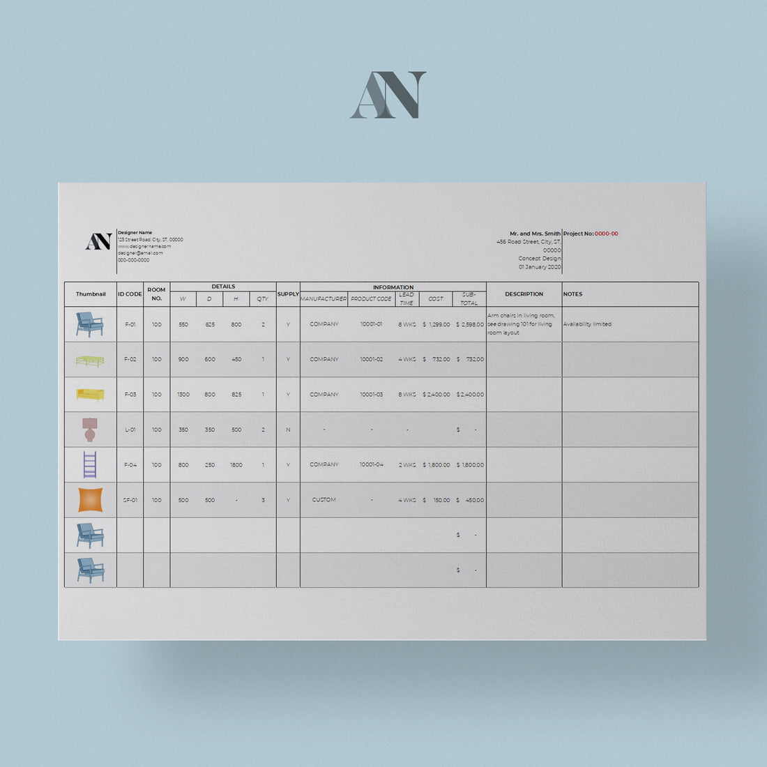 FF&E and Finishes Schedules | Spreadsheets Template – Audrey Noakes Shop