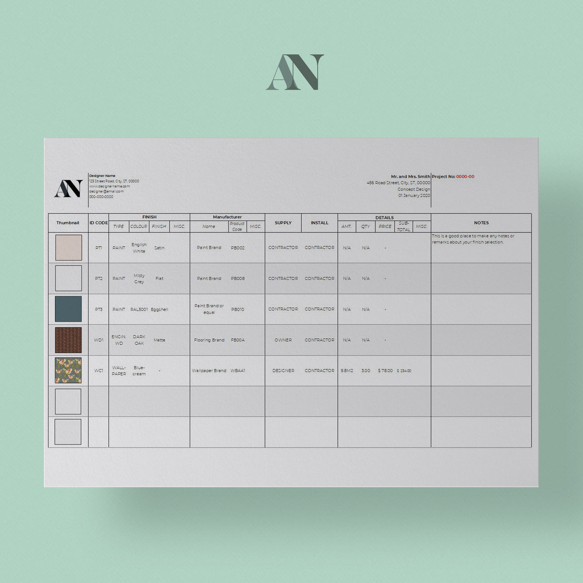 FF&E and Finishes Schedules | Spreadsheets Template – Audrey Noakes Shop